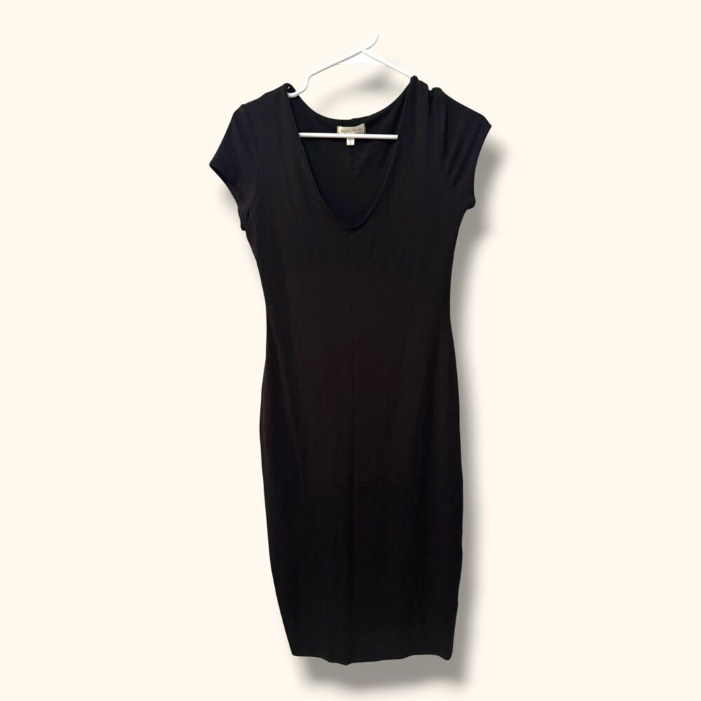 See You Monday Dress Womens L Black Scoop Neck Cap Sleeve Midi Bodycon Stretch